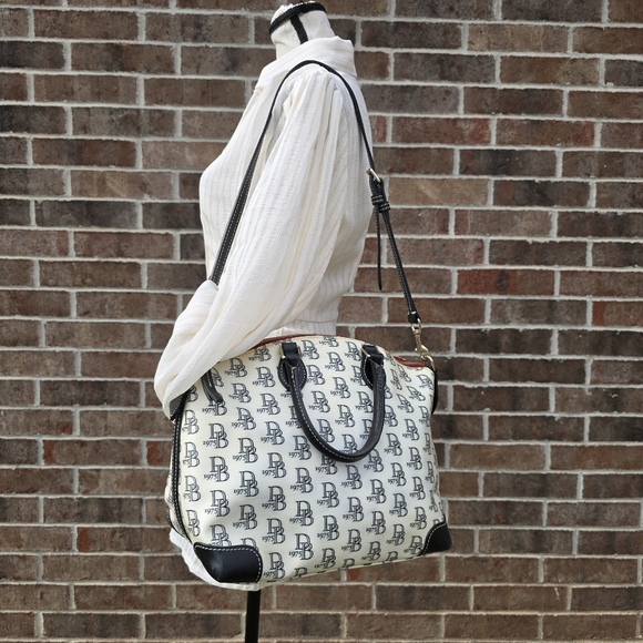 Dooney & Bourke 1975 Logo Satchel Cream Black Red Interior Shoulder Bag - Picture 2 of 14